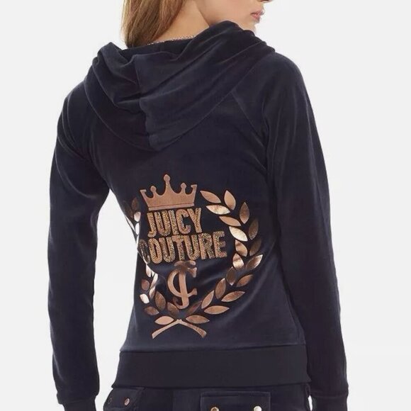 JUICY COUTURE Embellished Velour Hoodie Jacket Navy Blue w/ Back Sequin Logo Y2K - Picture 1 of 14